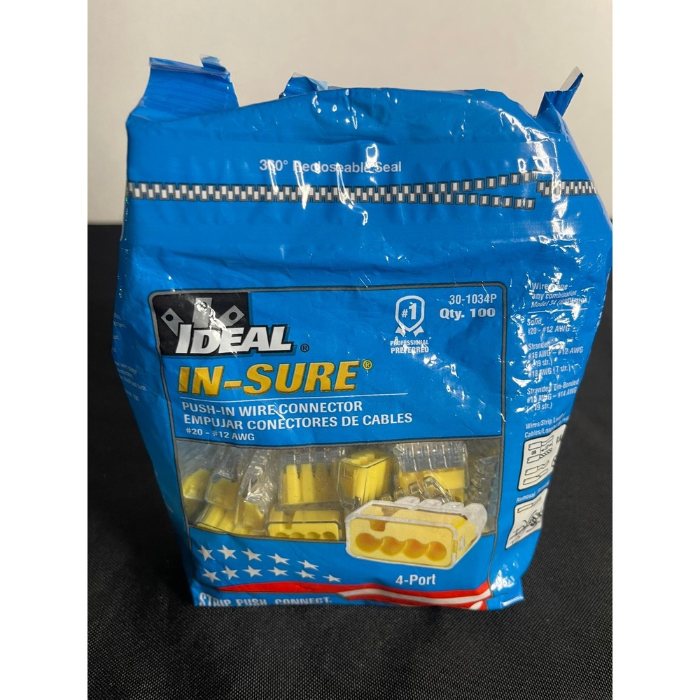 Ideal In-Sure 4-Port Push-In Wire Connectors 30-1034P Yellow 68 Count #20-12 AWG